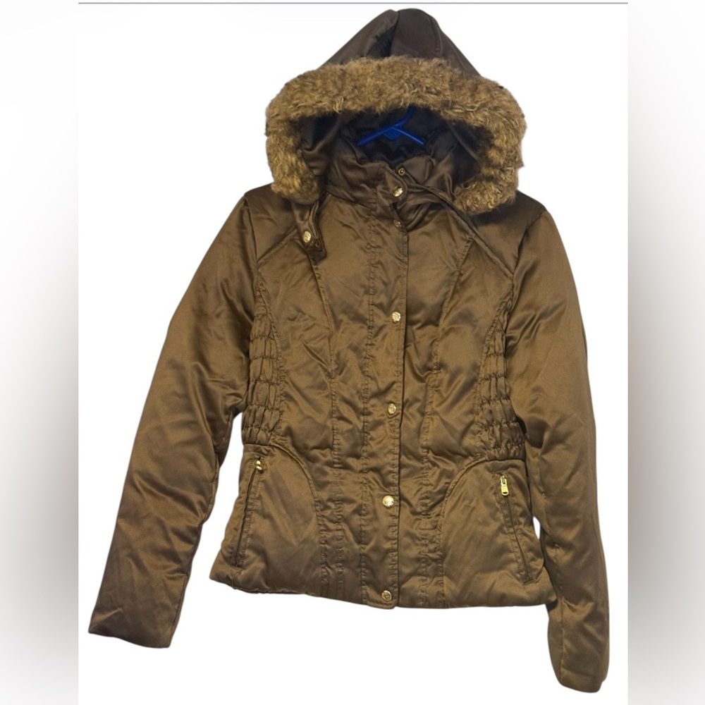 Giacca Brown Satin Puffer Jacket w/ a Faux Fur Removable Hood Brown SzS Cozy